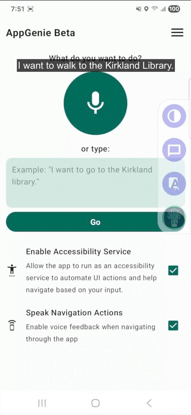 A gif of AppGenie using Google Maps to provide walking directions to the Kirkland Library, as requested by the user.
